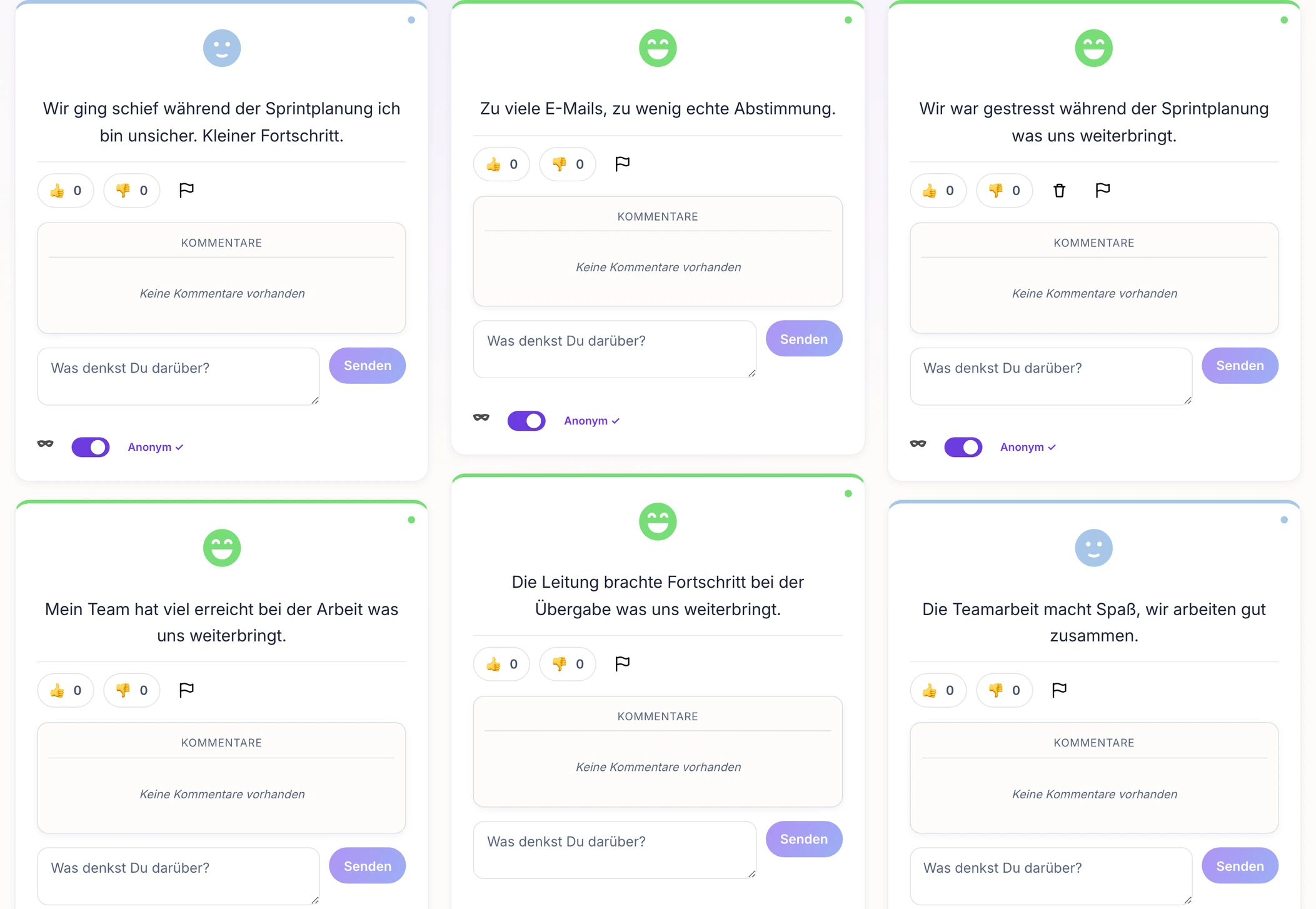 Feed mit anonymen Stimmungs-Beiträgen des Teams in Moodboard